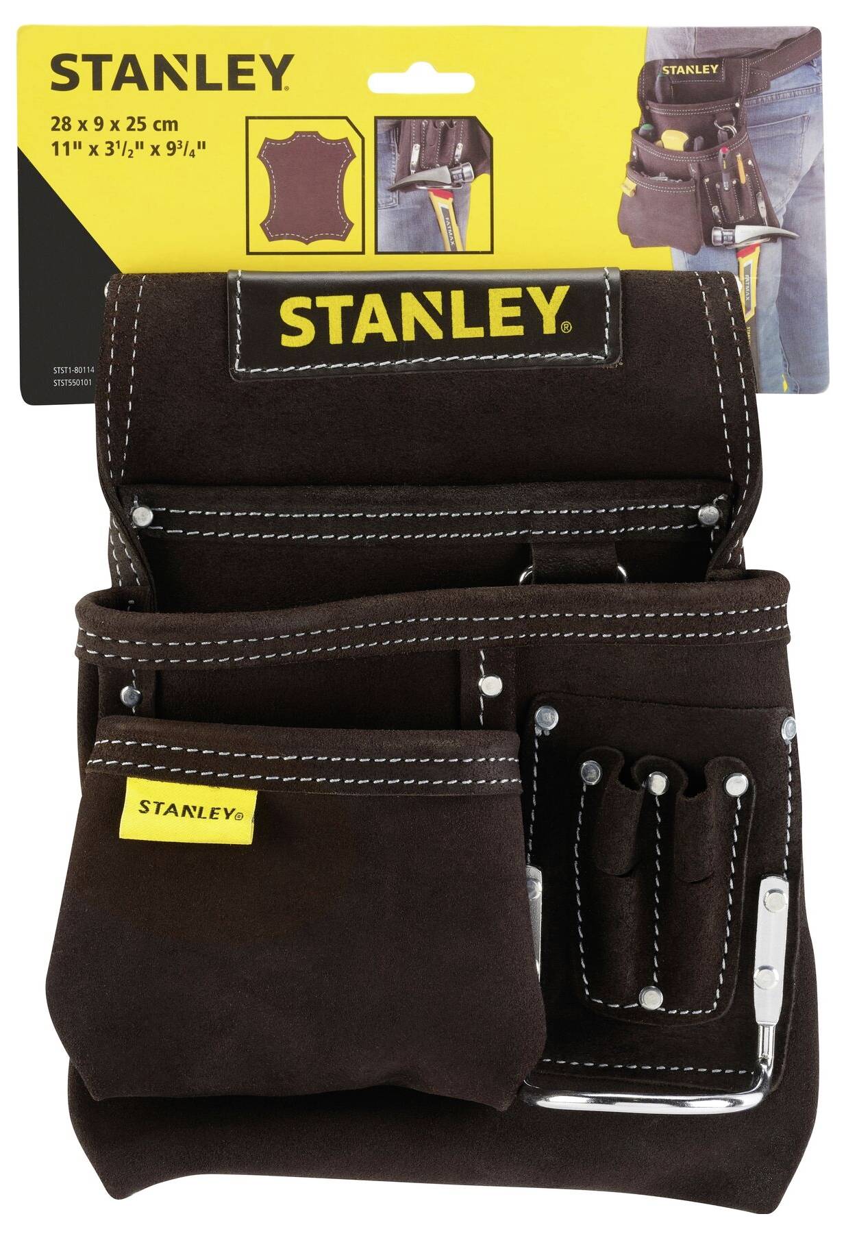 Kožený opasek na nářadí od Stanley, tmavě hnědý, s několika kapsami pro nástroje, připevněný k obalu, velikost 28 x 9 x 25 cm.