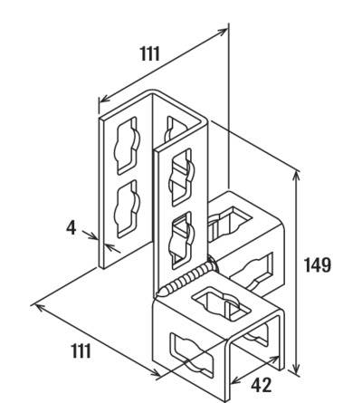 Technický výkres kovového úhelníku s rozměry: výška 149 mm, šířka 111 mm, hloubka 42 mm. Viditelný spojovací systém a svařovací spoj.