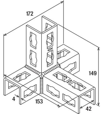 Technický výkres kovového rohového spoje s přesnými rozměry: 172 mm, 149 mm, 153 mm, 42 mm a 4 mm.