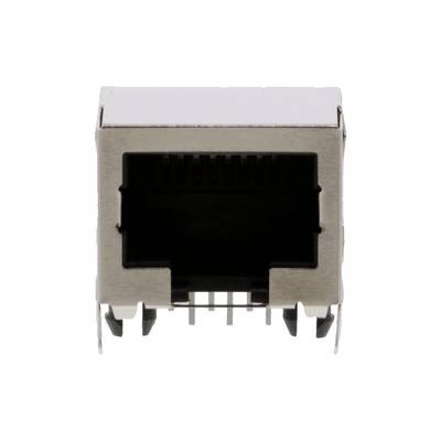 Ethernetová zásuvka pohled zepředu, kovová, obdélníková, s piny viditelnými zespodu, používaná pro síťové připojení.