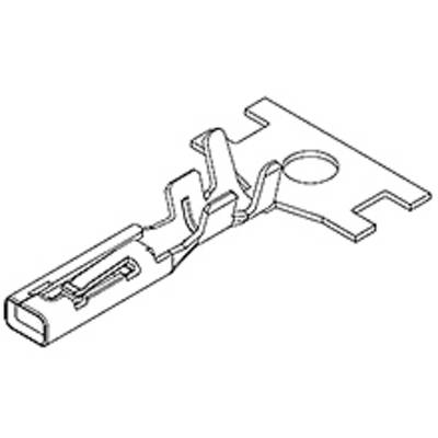 Ilustrace kovového elektrického konektoru s detaily jazýčků a otvorů, používaného pro elektrické spoje v technických aplikacích.