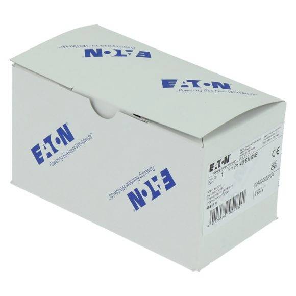 Kartonová krabice s logem 'EATON' na víku. Krabice je zavřená a na boku zobrazuje detaily produktu.