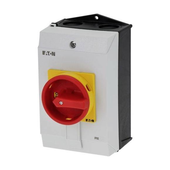 Šedý ochranný spínač zařízení od společnosti Eaton s červeným otočným knoflíkem, určený pro řízení nebo přerušení elektrického napájení v průmyslových aplikacích.