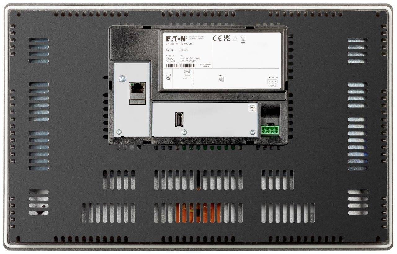 Zadní pohled na elektrické zařízení s ethernetovým a USB portem a výrobním štítkem zobrazujícím technické specifikace.