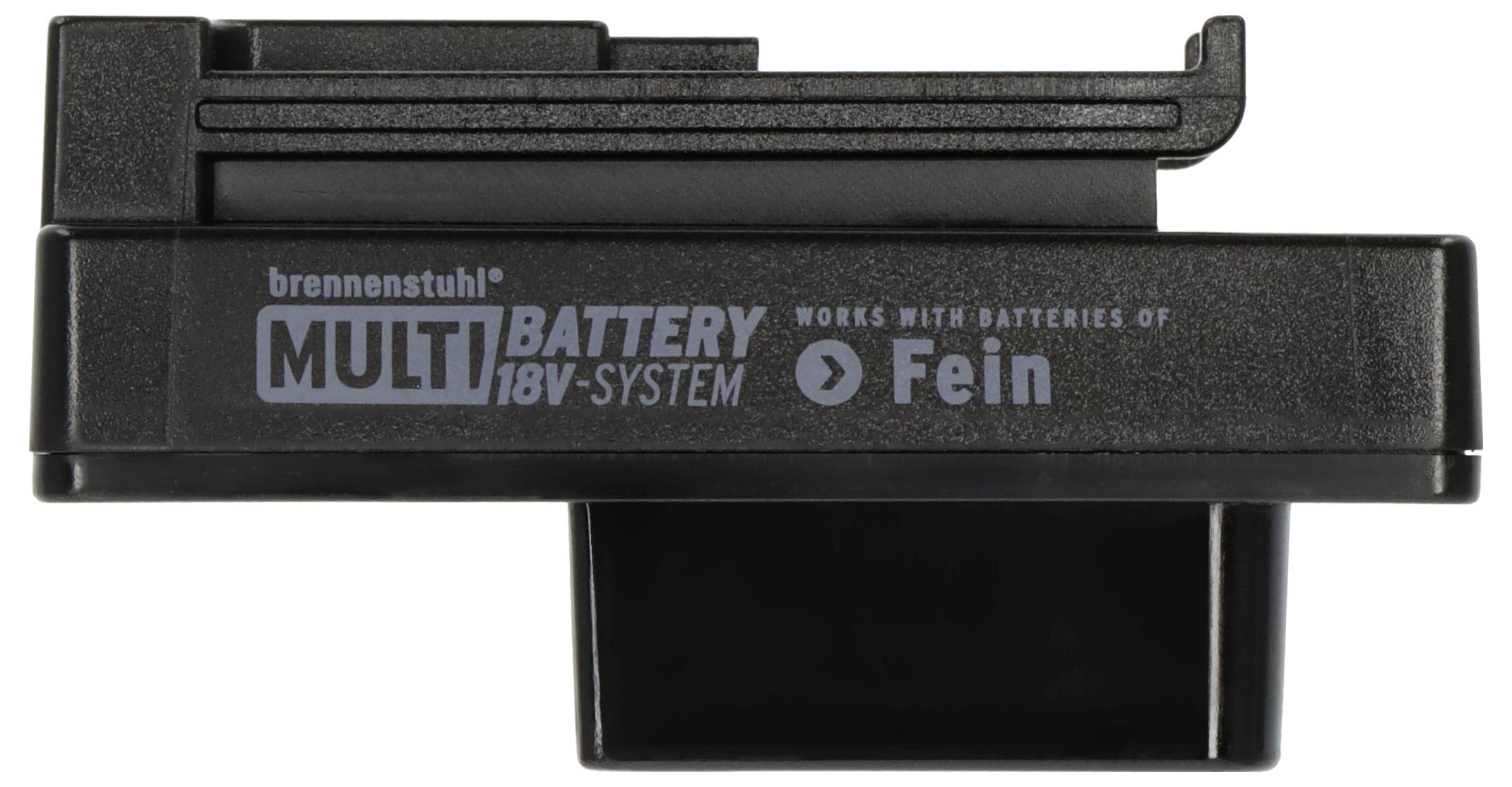 Černý adaptér Brennenstuhl Multi Battery 18V System, označený "funguje s bateriemi Fein".