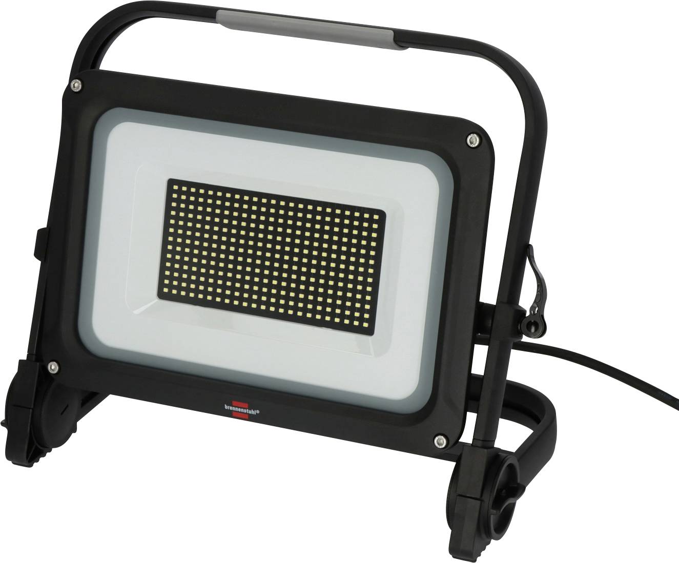 Černý LED reflektor na skládacím kovém stojanu s napájecím kabelem, zobrazený na bílém pozadí.