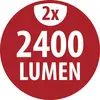 Červený kruhový štítek s bílým textem '2x 2400 LUMEN'.
