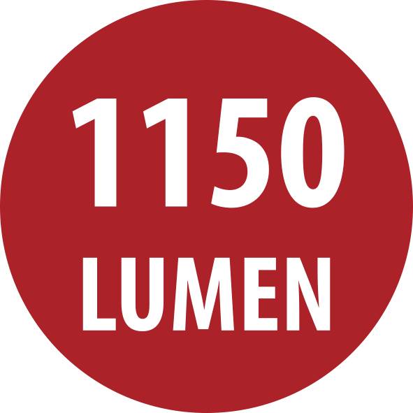 Červený kruhový štítek s bílým textem „1150 LUMEN".
