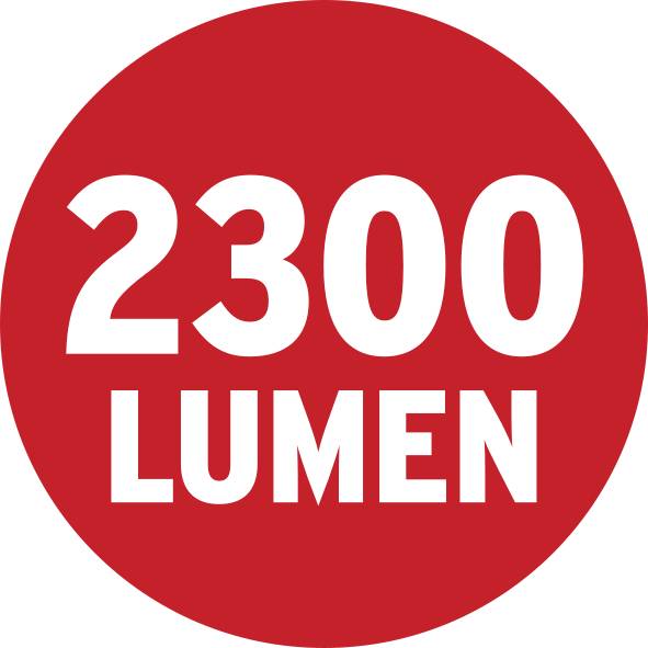 Červený kruh s bílým textem '2300 lumenů', který zvýrazňuje jas světelného produktu.