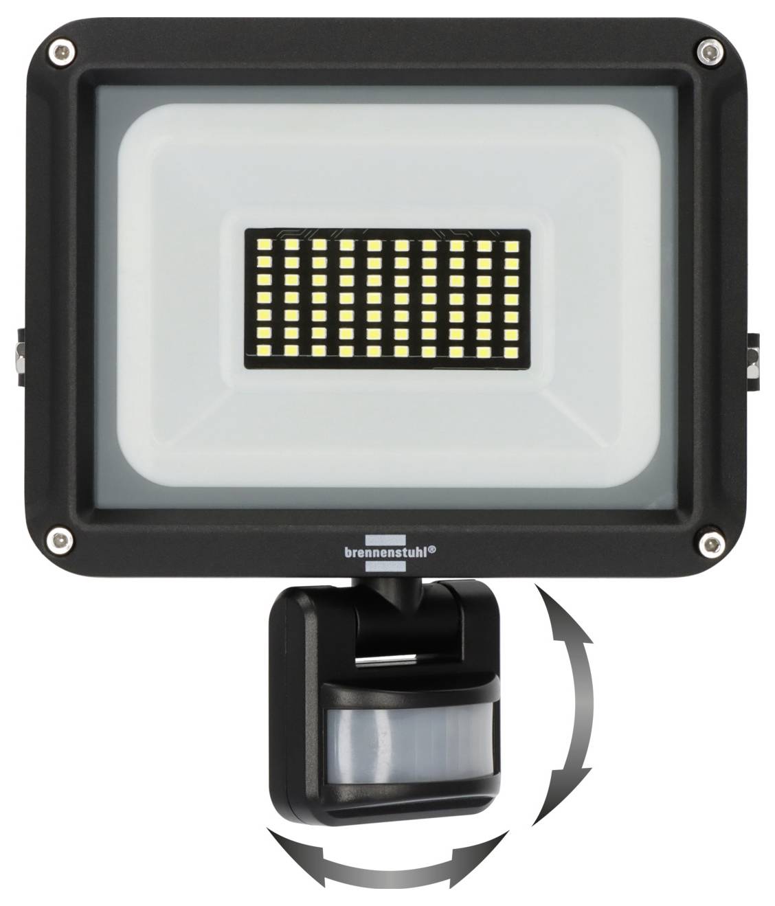 Černé LED reflektory se senzorem pohybu a nastavitelným držákem, zobrazeno v přední pohled se zakřivenými šipkami označujícími rotaci pro polohování.