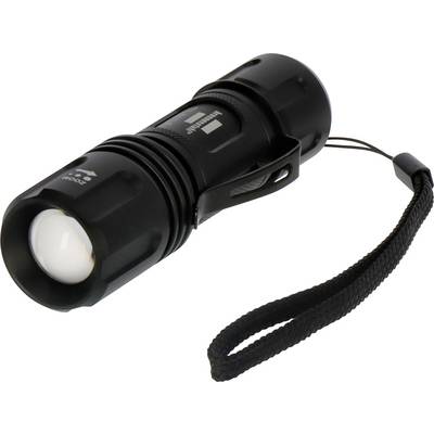 Kompaktní černá LED svítilna s páskou na zápěstí, zobrazena na bílém pozadí.