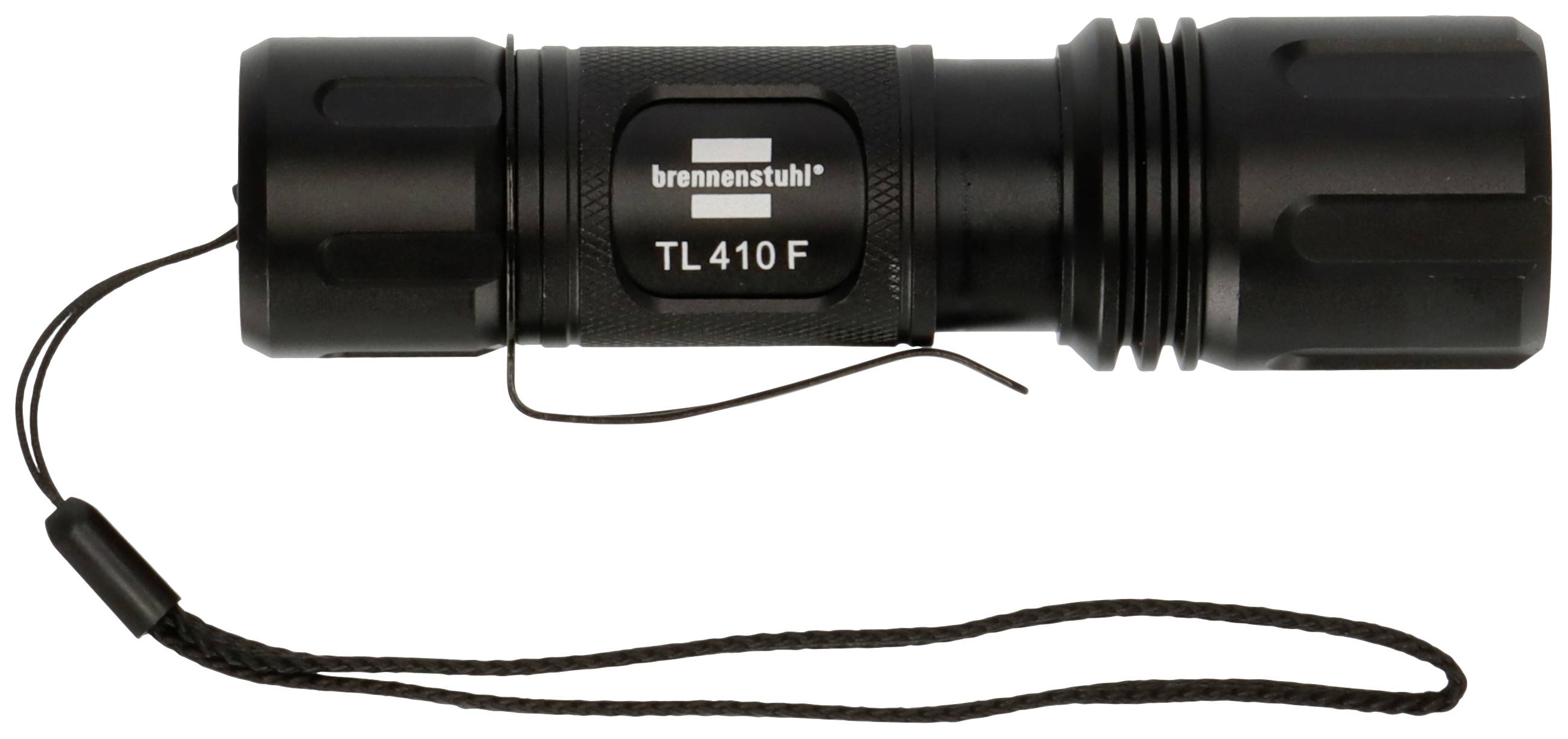 Černá kapesní svítilna s nápisem 'brennenstuhl TL 410 F', včetně poutka na ruku.