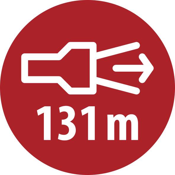 Červená kruhová dopravní značka s bílým symbolem konektoru/šipky a textem „131m" pod ním.