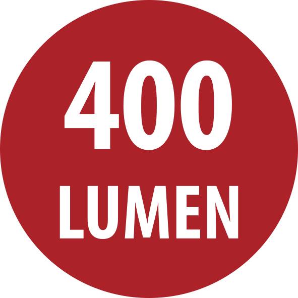 Červený kulatý štítek s bílým textem "400 LUMEN".
