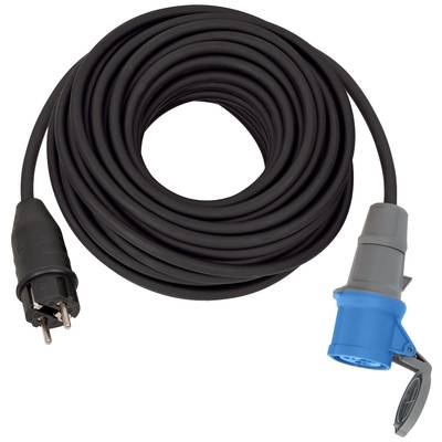 Vinutý černý kabel napájení s evropskou zásuvkou na jedné straně a modrým průmyslovým konektorem na druhé straně.