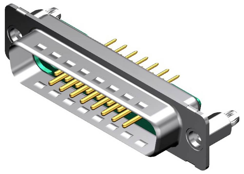 3D model mužského D-sub konektoru, který zobrazuje kovový plášť s více zlatými kolíky, používaný pro připojování elektronických zařízení.
