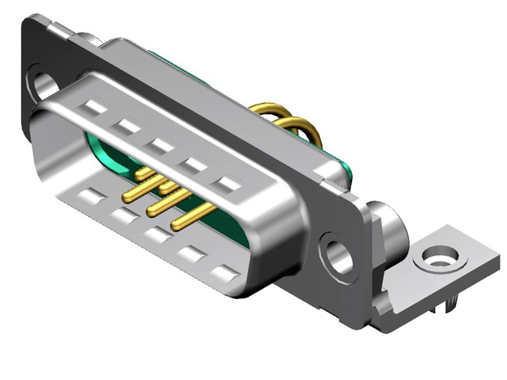Kovový, obdélníkový elektrický konektor s několika zlatými kolíky, vhodný pro připojení zařízení.