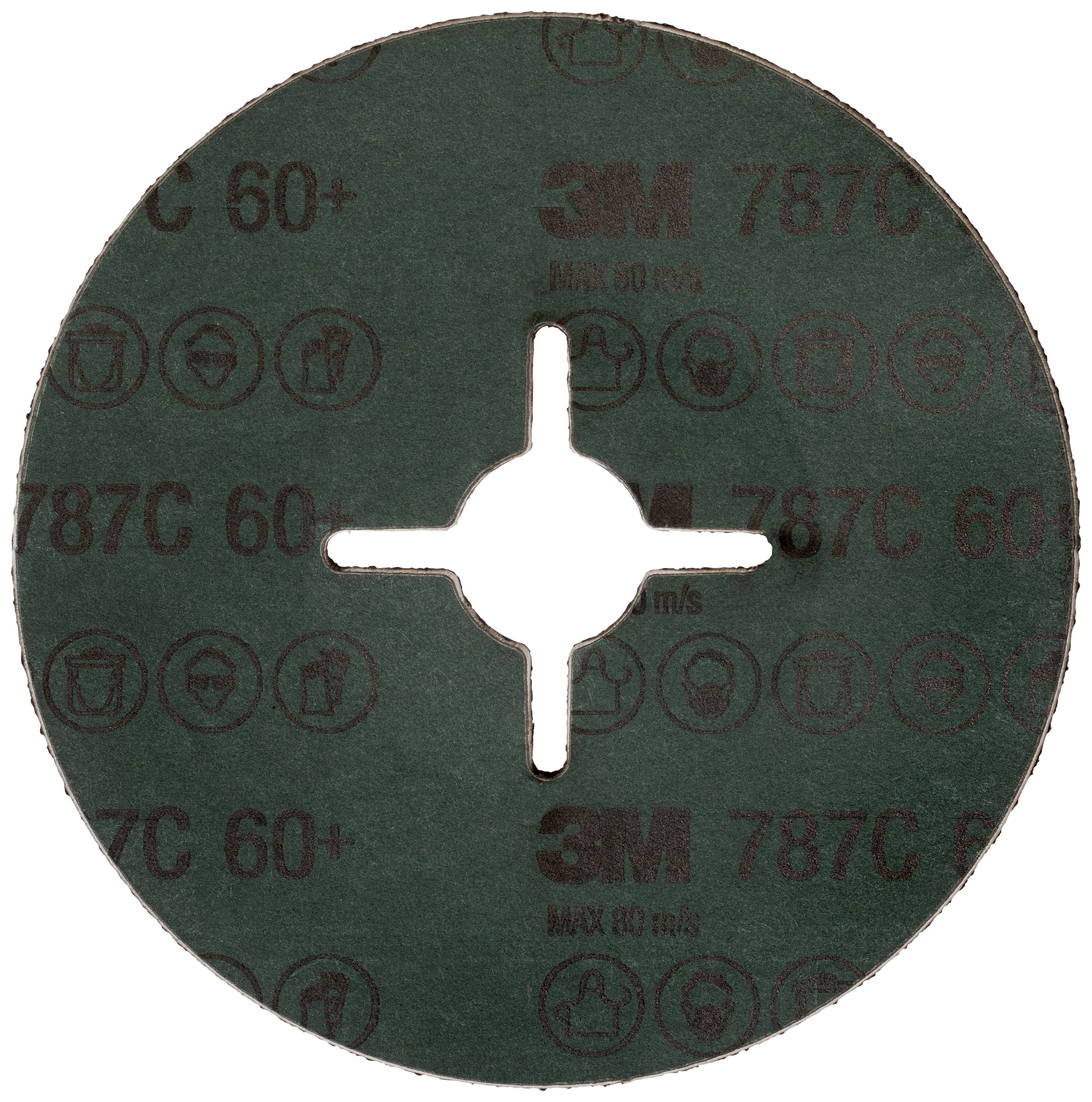 Brusný kotouč se hvězdicovitým otvorem uprostřed, zelené barvy s potiskem '3M 787C 60+', vhodný pro průmyslové aplikace.