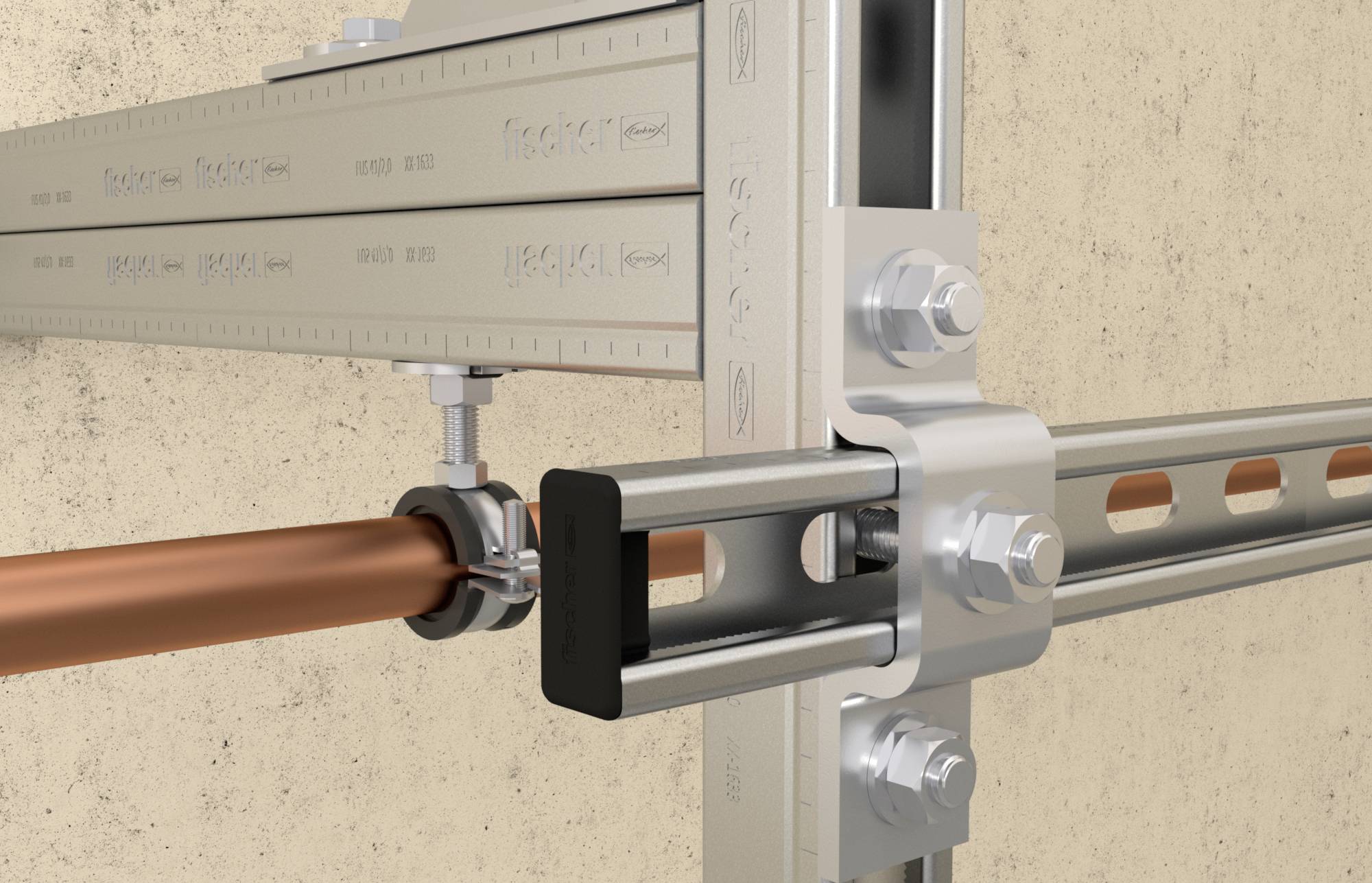 Upevňovací systém na stěně, který stabilizuje měděné potrubí pomocí šroubů a konzol. Vhodné pro stavební aplikace.