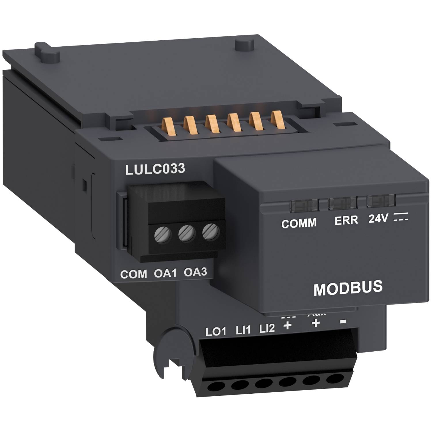 Černý modul komunikace Modbus s několika konektory a označeními ('LO1', 'L1', 'L2', '+', '–').