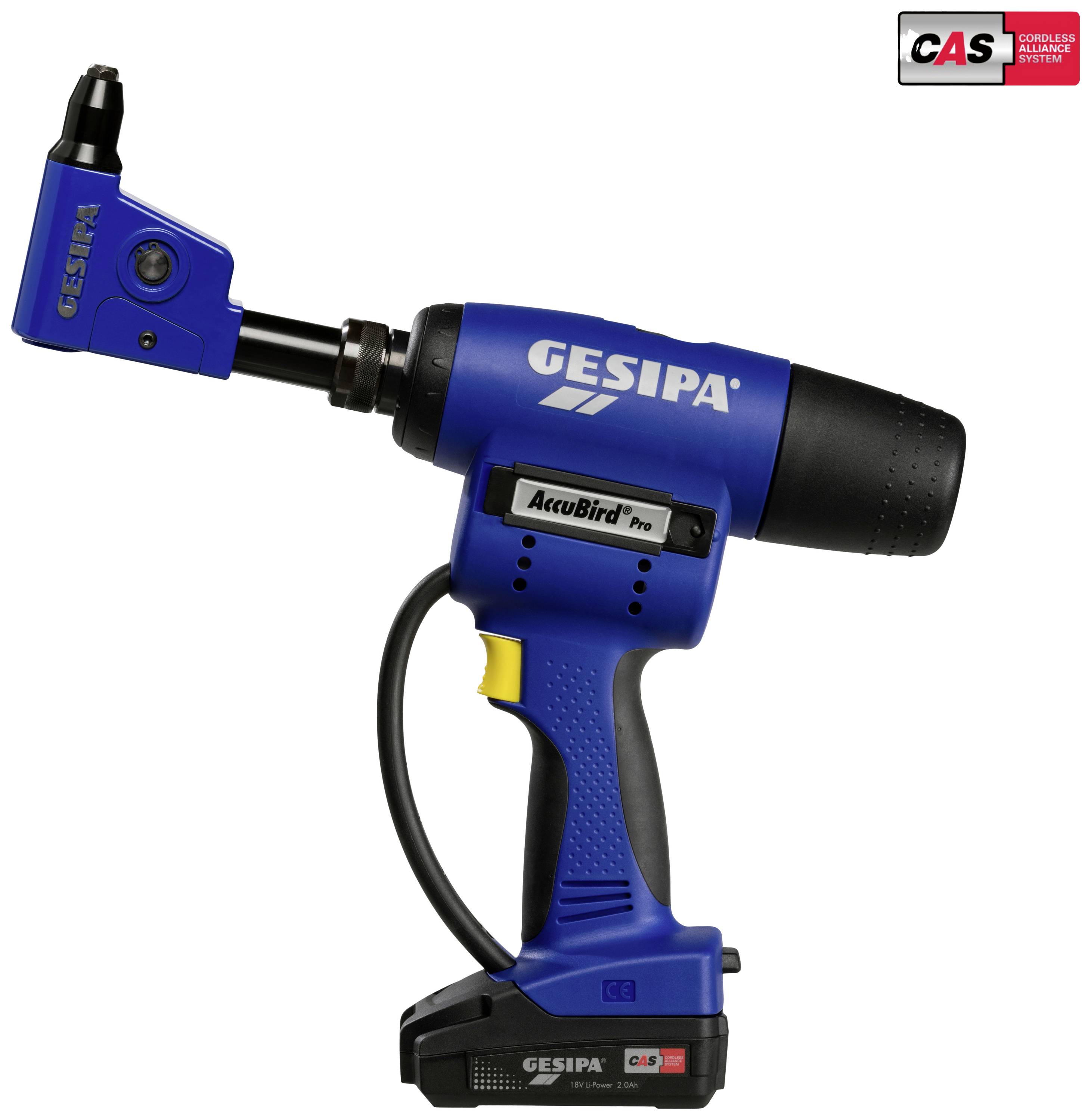 Modrý akumulátorový nýtovací šroubák značky GESIPA s názvem modelu 'AccuBird Pro'. Vpravo nahoře je viditelné logo CAS.