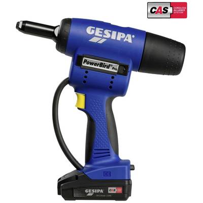 Modrý akumulátorový slepý nýtovací přístroj s nápisem 'GESIPA PowerBird Pro'. Robustní, ergonomicky navržený, určený pro profesionální použití.