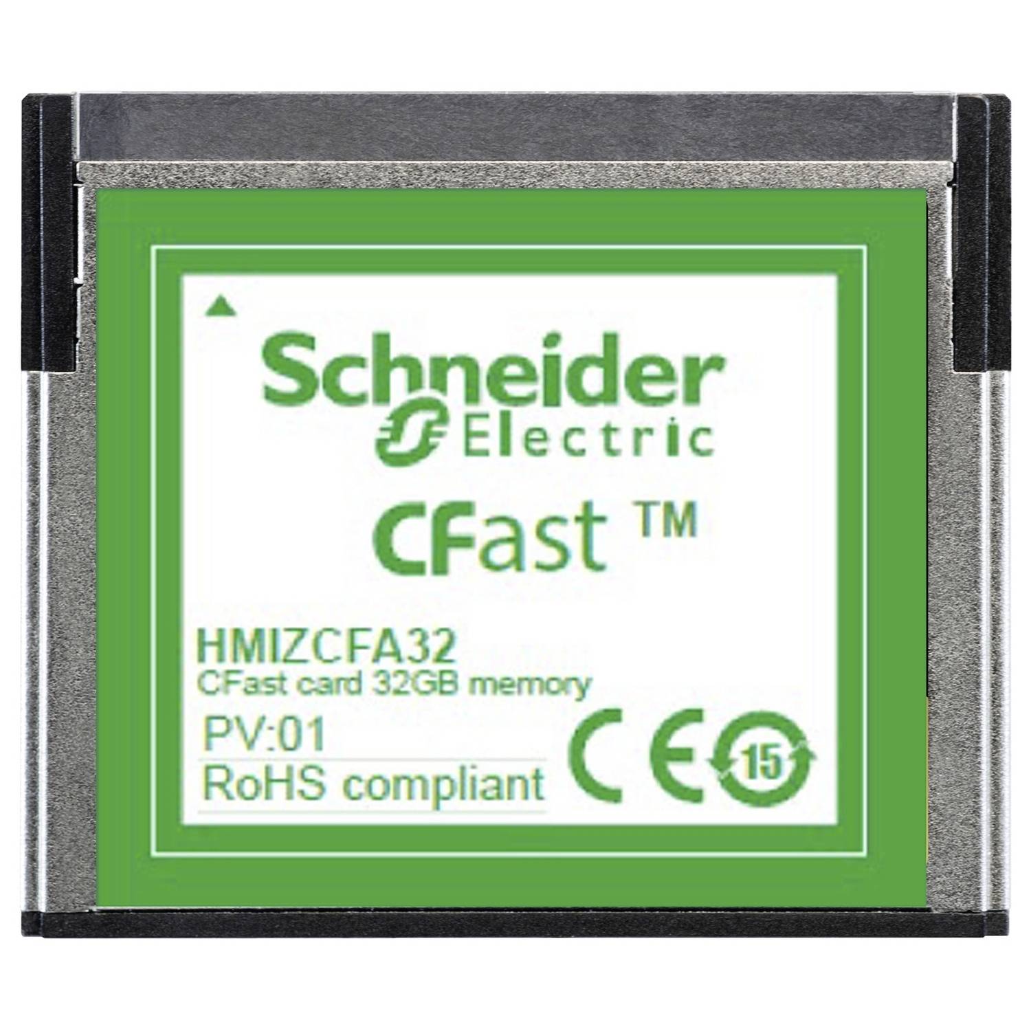 'Schneider Electric CFast karta, model HMIZCFA32, 32GB kapacita úložiště, v souladu s RoHS, označení CE a UKCA.'