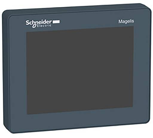 Černý ovládací panel Schneider Electric Magelis s šedým rámečkem, bez viditelných tlačítek nebo displeje, na bílém pozadí.