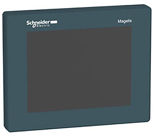 Černý ovládací panel Schneider Electric Magelis s obdélníkovým displejem, používaný pro řízení a zobrazování v průmyslových prostředích.
