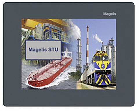 Průmyslové obrazy: Nákladní loď, zařízení a vlak. Text 'Magelis STU'.