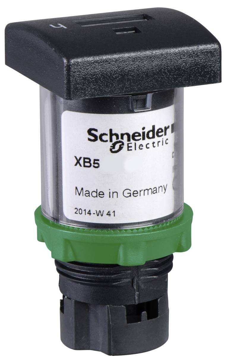 Spínač Schneider Electric XB5 s černým povrchem a zeleným kroužkem, označený "Vyrobeno v Německu", modelové číslo "2014-W41".
