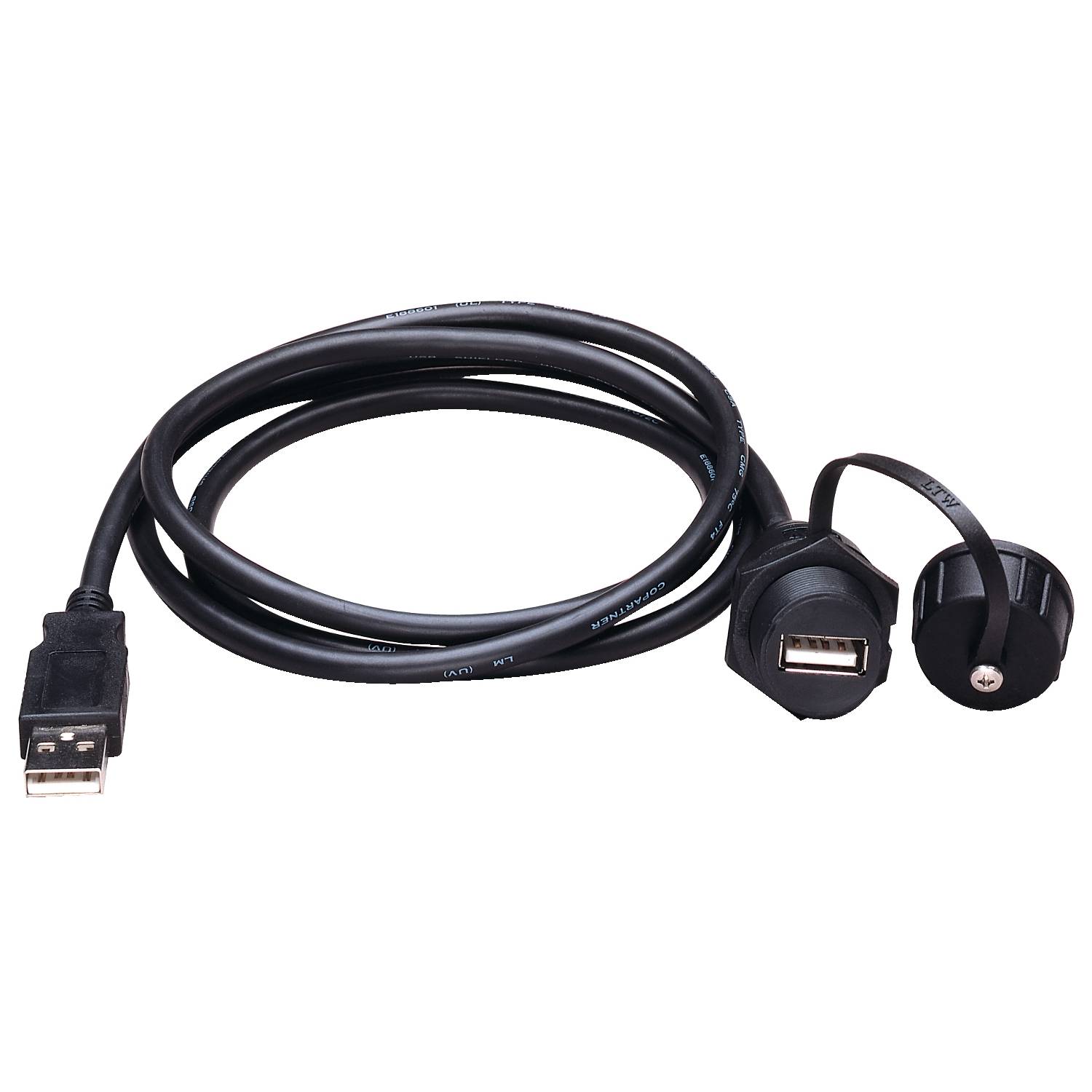 Černý prodlužovací USB kabel s samčím a samičím konektorem. Samičí konektor má ochrannou krytku.