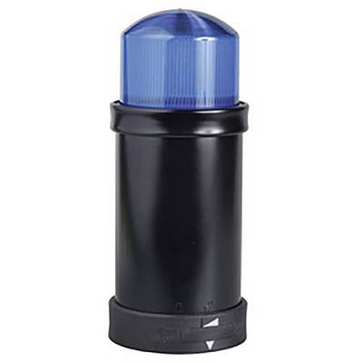 Černá válcovitá lampa s modrým vroubkovaným horním krytem. Spodní část je vybavena ovládacími tlačítky nebo symboly.