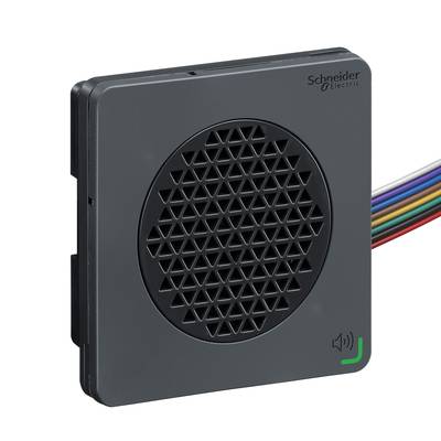 Čtvercový černý reproduktor se vzorem mřížky a symbolem hlasitosti v rohu od společnosti Schneider Electric.