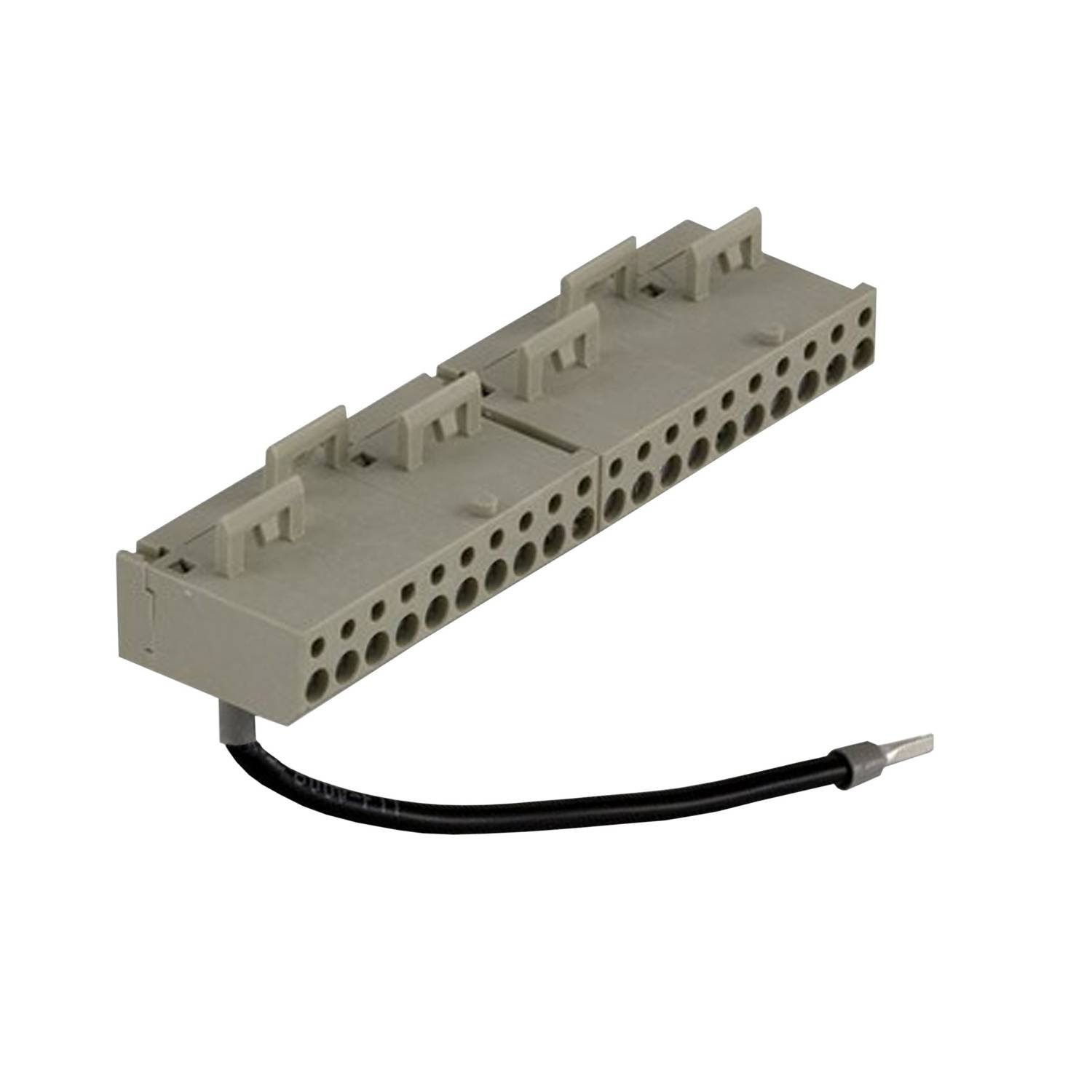 Šedý elektrický připojovací modul se dvěma zdířkami a černým kabelem.