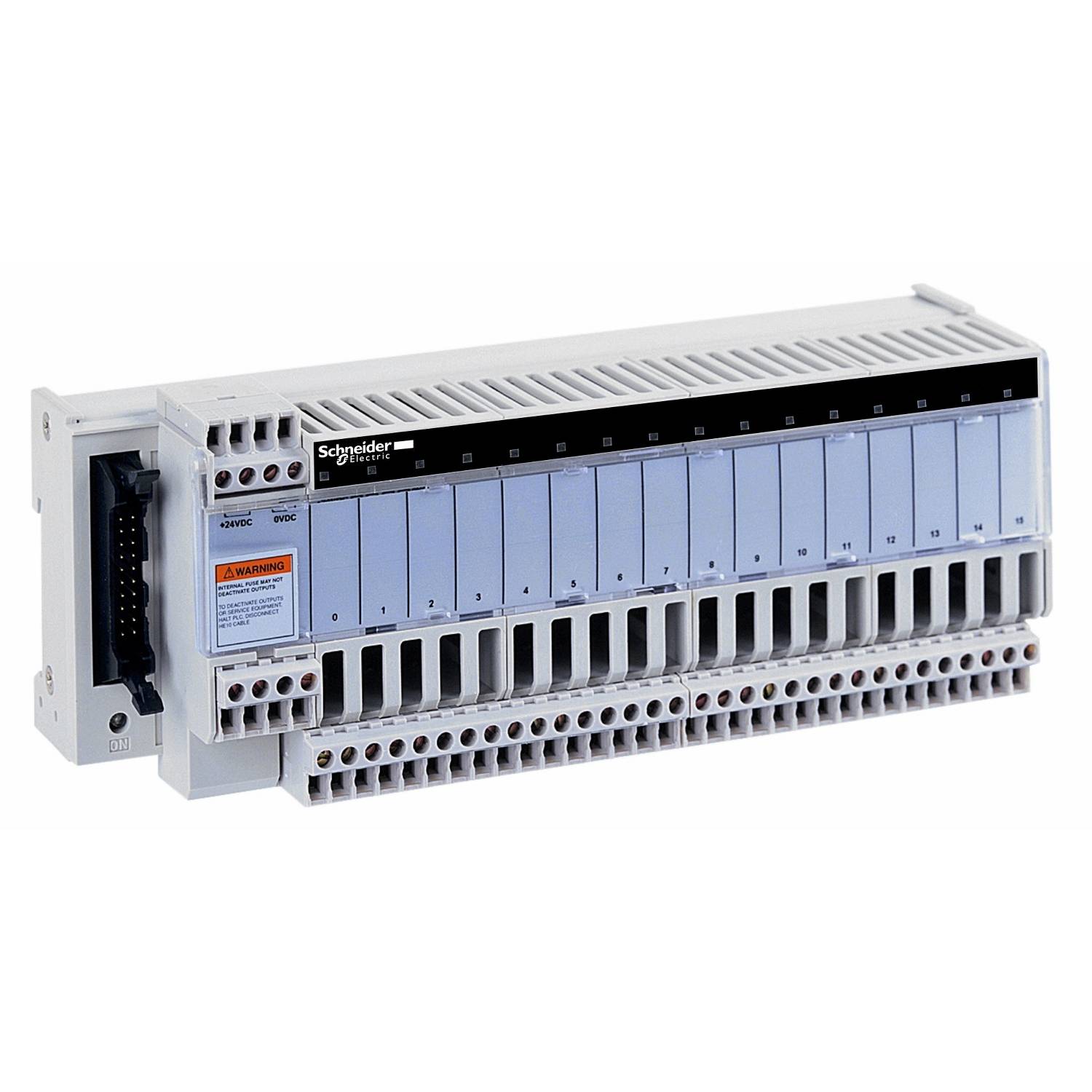 Bílý průmyslový řídicí modul od společnosti Schneider Electric s několika konektory a černým pruhem nahoře.