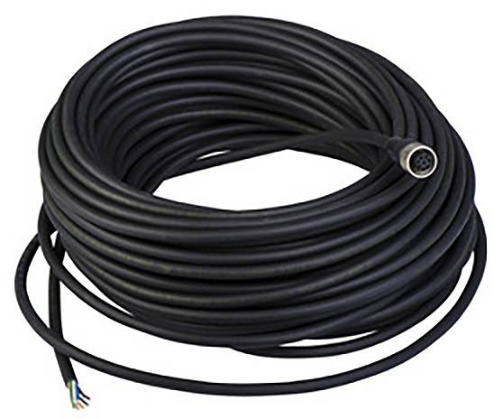 Dlouhý černý elektrický kabel navinutý do role s jednou zástrčkou na konci a volnými vodiči na straně druhé.