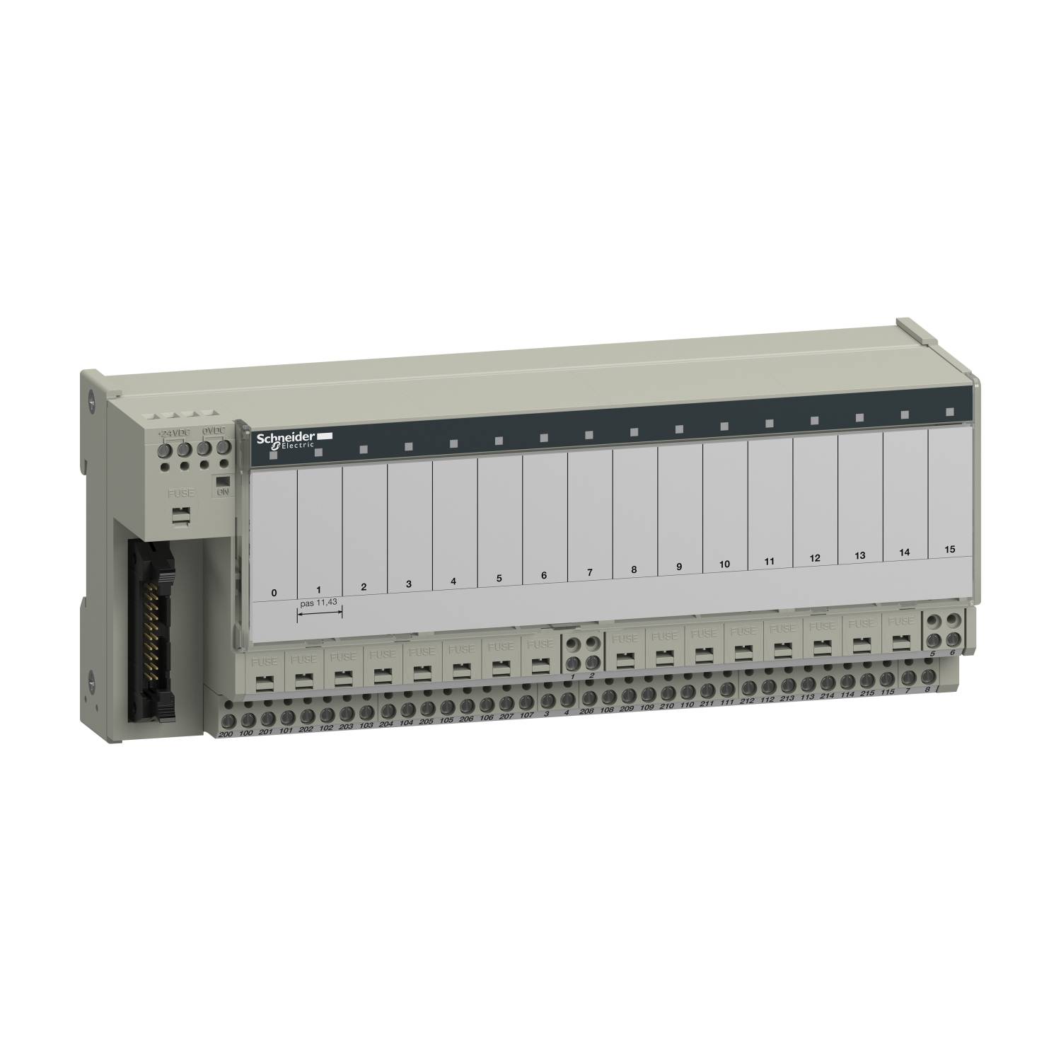 Modul Schneider Electric, model TSX DMZ28DTK, šedé pouzdro s několika konektory, vhodný pro kompaktní PLC jednotky TSX.