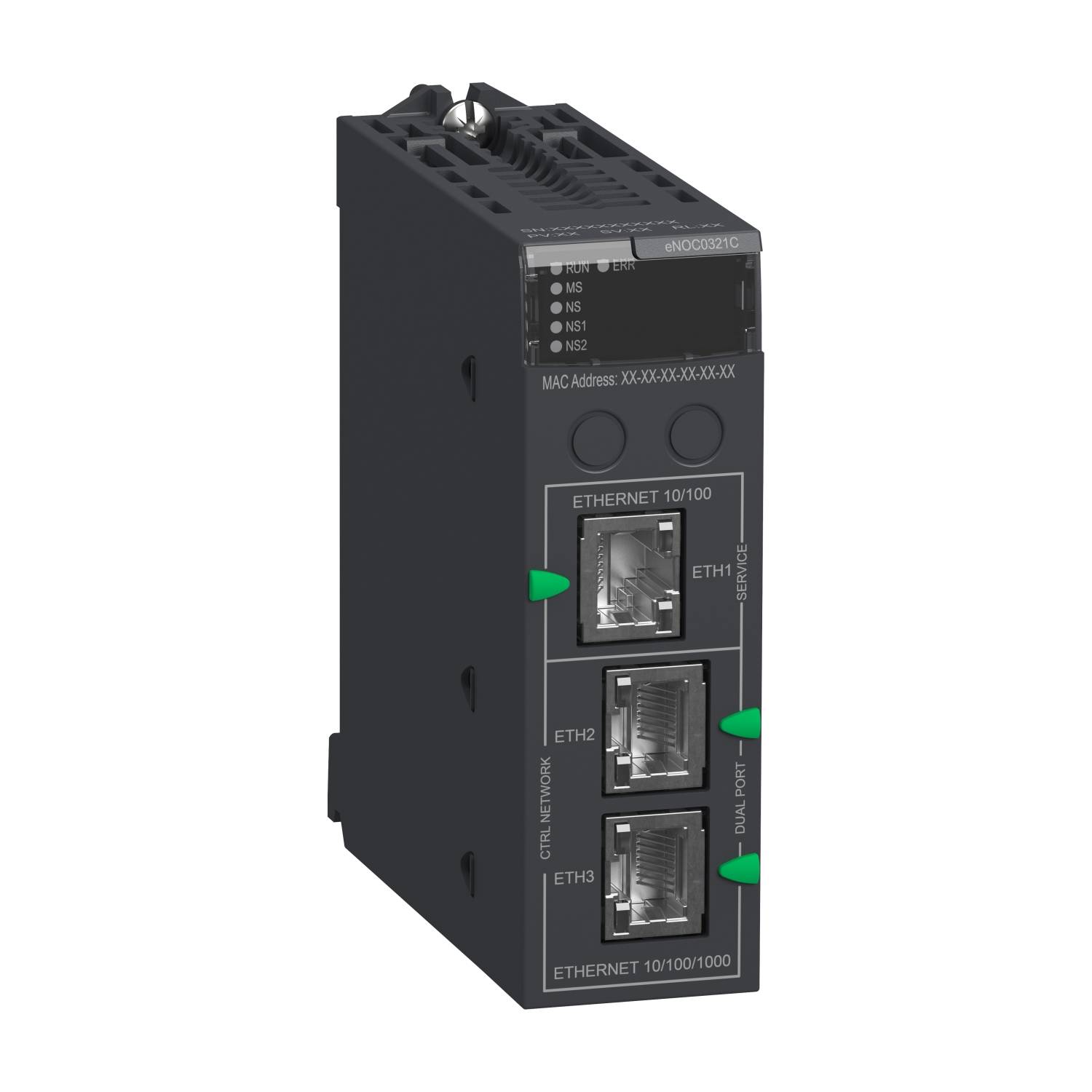 Černý síťový prvek se třemi ethernetovými porty na přední straně, označenými jako 'ETH1', 'ETH2', 'ETH3', určený pro datové sítě.