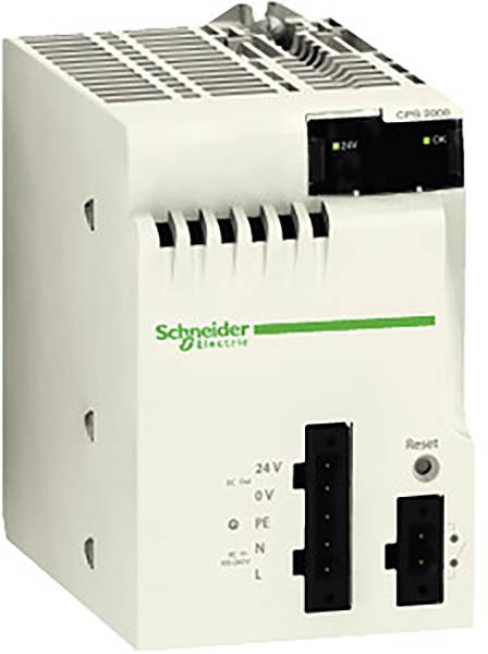 Bílé elektrické zařízení od společnosti Schneider Electric se dvěma velkými přípojkami dole a zeleným logem na přední straně.