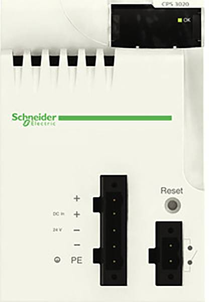Bílé elektrické zařízení od společnosti Schneider Electric s resetovacím tlačítkem, dvěma černými připojovacími konektory a LED indikátory.