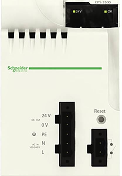 Elektronické zařízení od společnosti Schneider Electric s displejem zobrazujícím '24V' a 'OK', resetovacím tlačítkem a připojovacími svorkami pro napájení.