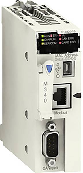 Automatizační zařízení s LED indikátory pro různé provozní stavy a porty pro Modbus a CANopen. Modelové číslo M340.