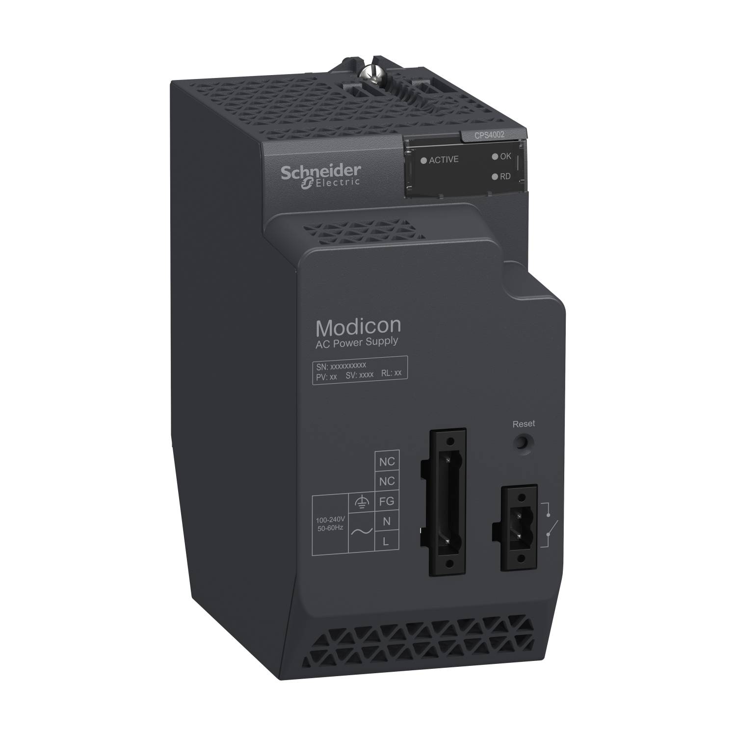 Černý napájecí zdroj Schneider Electric Modicon AC s indikací modelového a specifikačního čísla na přední straně.