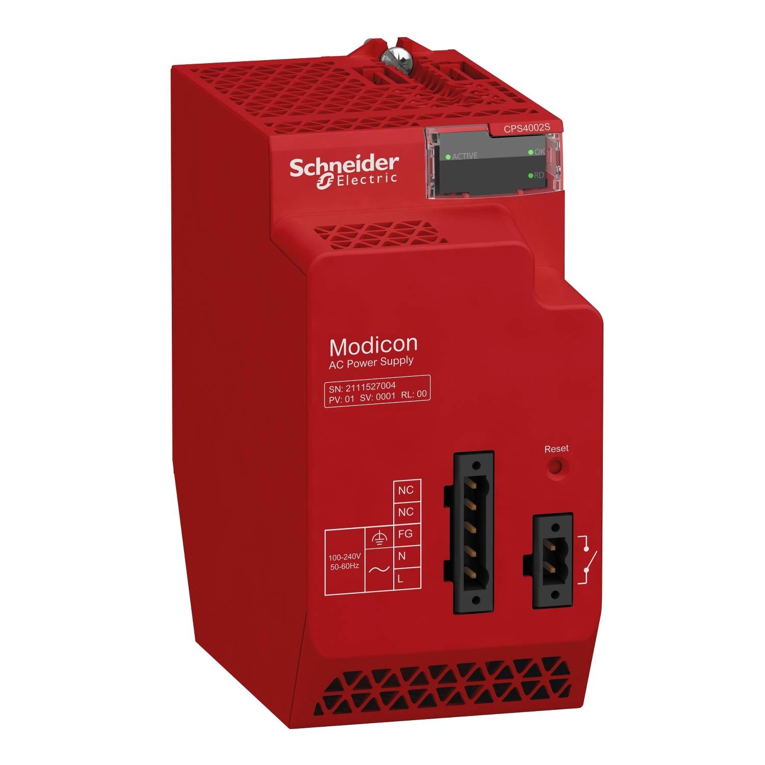 Červený síťový napájecí zdroj AC od Schneider Electric, model Modicon, s vypínačem ZAP/VYP a připojovacími porty, vhodný pro průmyslové aplikace.