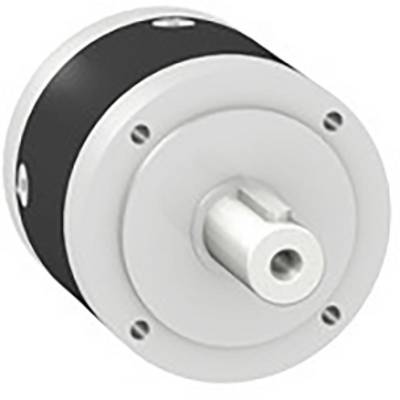 Válcový elektromotor s bílým krytem a čtyřmi šroubovými otvory, zobrazený na světlém pozadí.