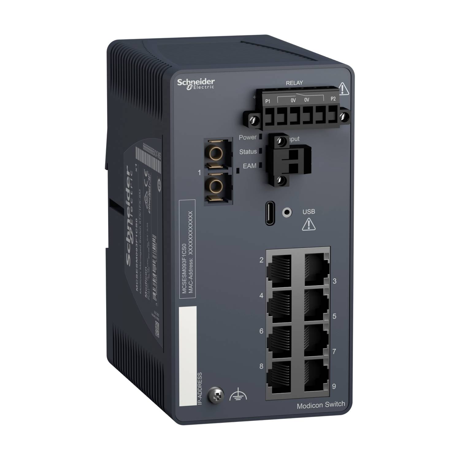 Černý síťový switch Schneider Electric Modicon s pěti ethernetovými porty a USB portem. Používá se pro síťová připojení.