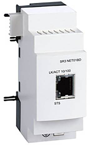 Bílý ethernetový modul s několika porty a nápisem 'SR3 NET01BD' na přední straně.
