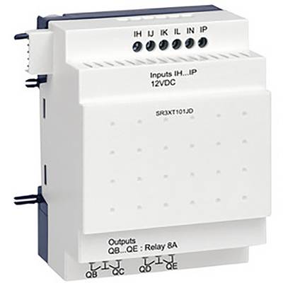 Elektrický reléový modul, označený štítkem 'Vstupy IH...IP 12V DC' nad vstupními svorkami a 'Výstupy QB...QE: Relé 8A' dole.