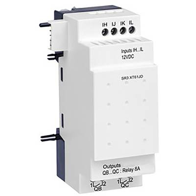 Bílý elektrický reléový modul se vstupy IH až IL, 12 V stejnosměrného proudu. Výstup: relé 8A, svorky Q1 až Q4.